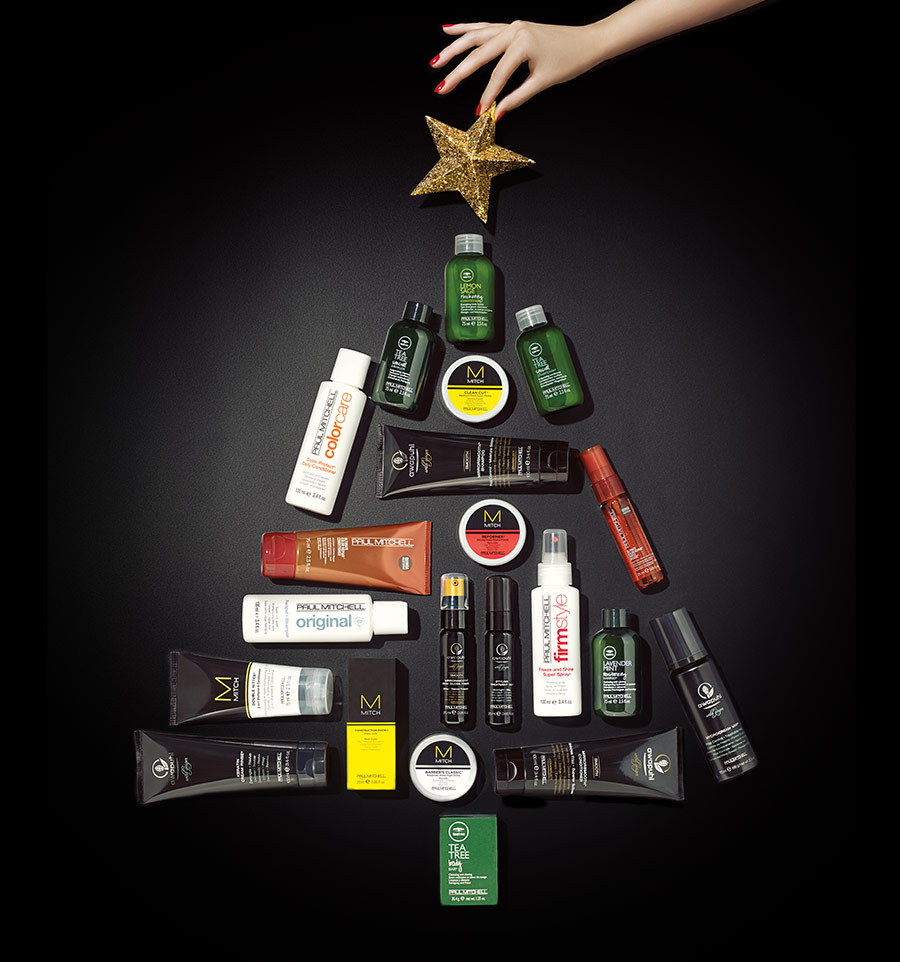 image of Paul Mitchell stocking stuffers shaped as a tree